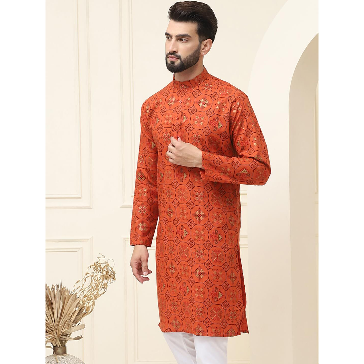 Sojanya (Since 1958 Men's Cotton Blend Printed Orange Only Long Kurta