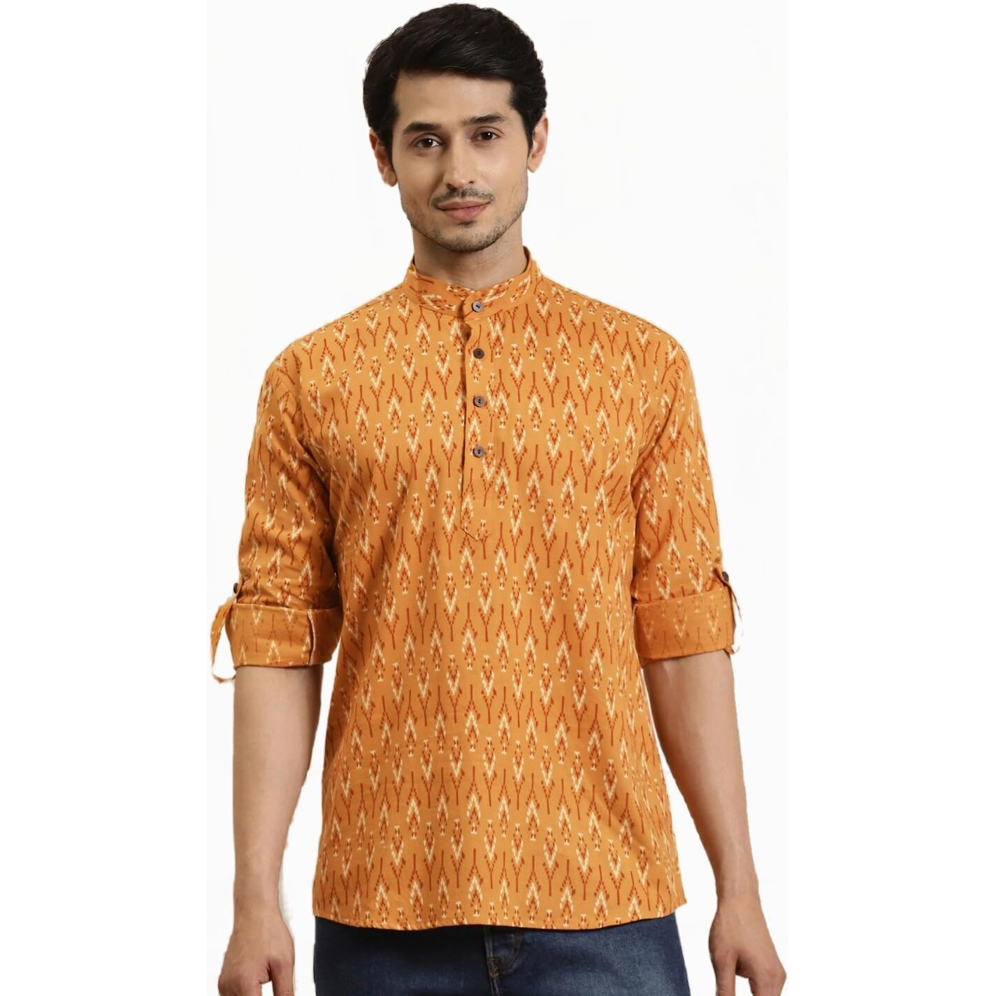 Sojanya (Since 1958 Men's Cotton Mustard Printed Only Short Kurta
