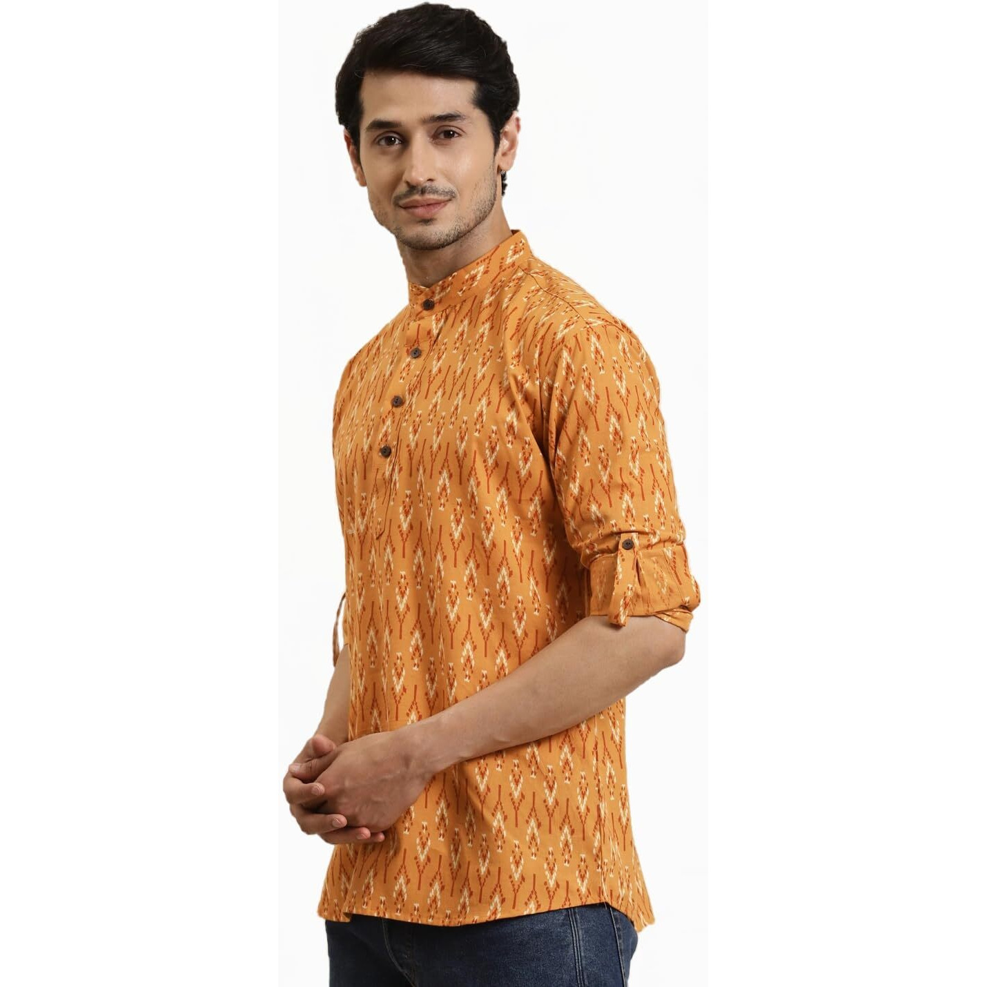 Sojanya (Since 1958 Men's Cotton Mustard Printed Only Short Kurta