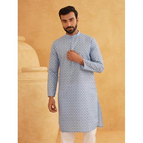 Sojanya (Since 1958 Men's Cotton Linen Blue Foil Printed Only Long Kurta Size40