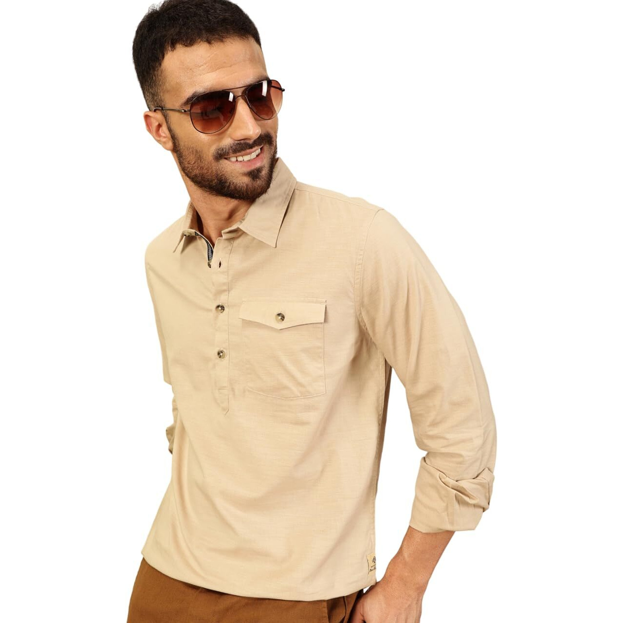 Thomas Scott Men Solid Cotton Linen Kurta Shirt (Ts1531_Beige, M)