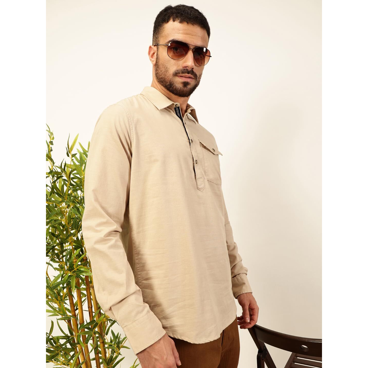 Thomas Scott Men Solid Cotton Linen Kurta Shirt (Ts1531_Beige, M)