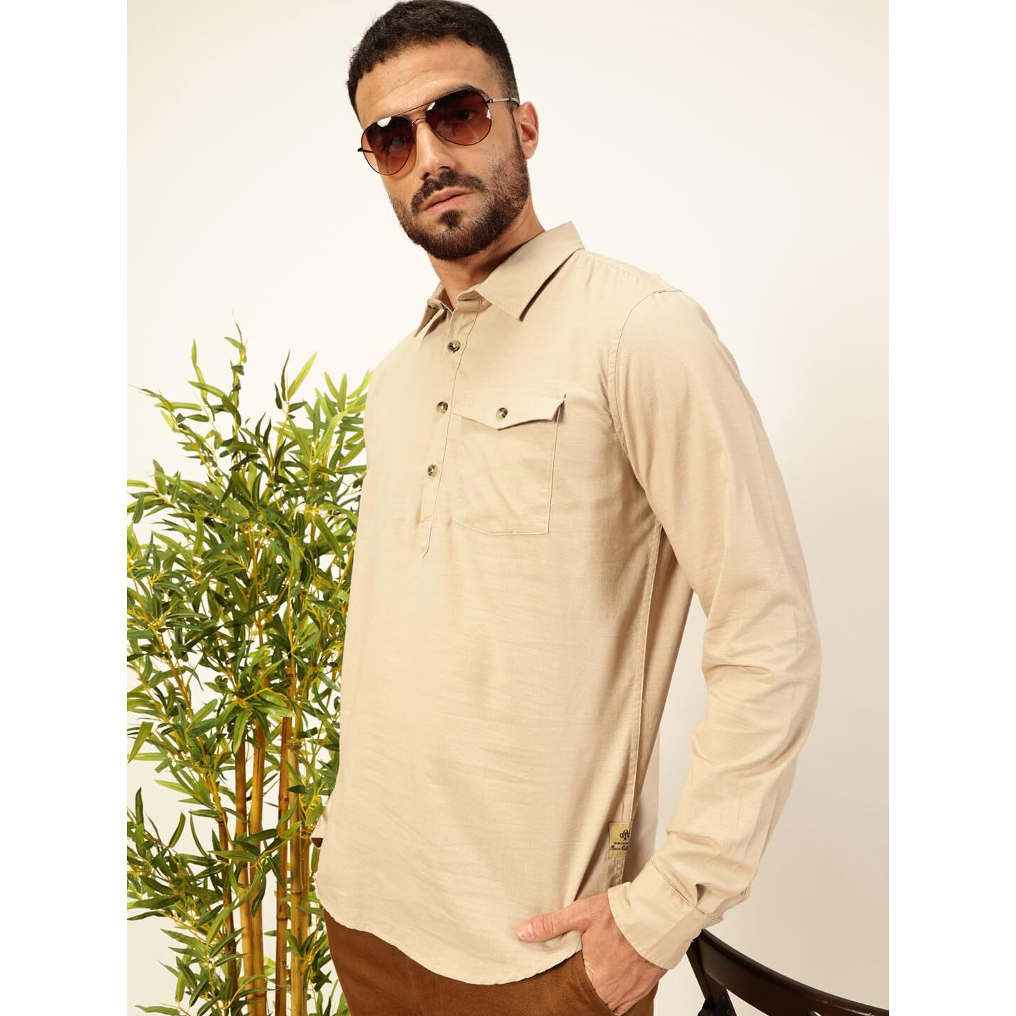 Thomas Scott Men Solid Cotton Linen Kurta Shirt (Ts1531_Beige, M)