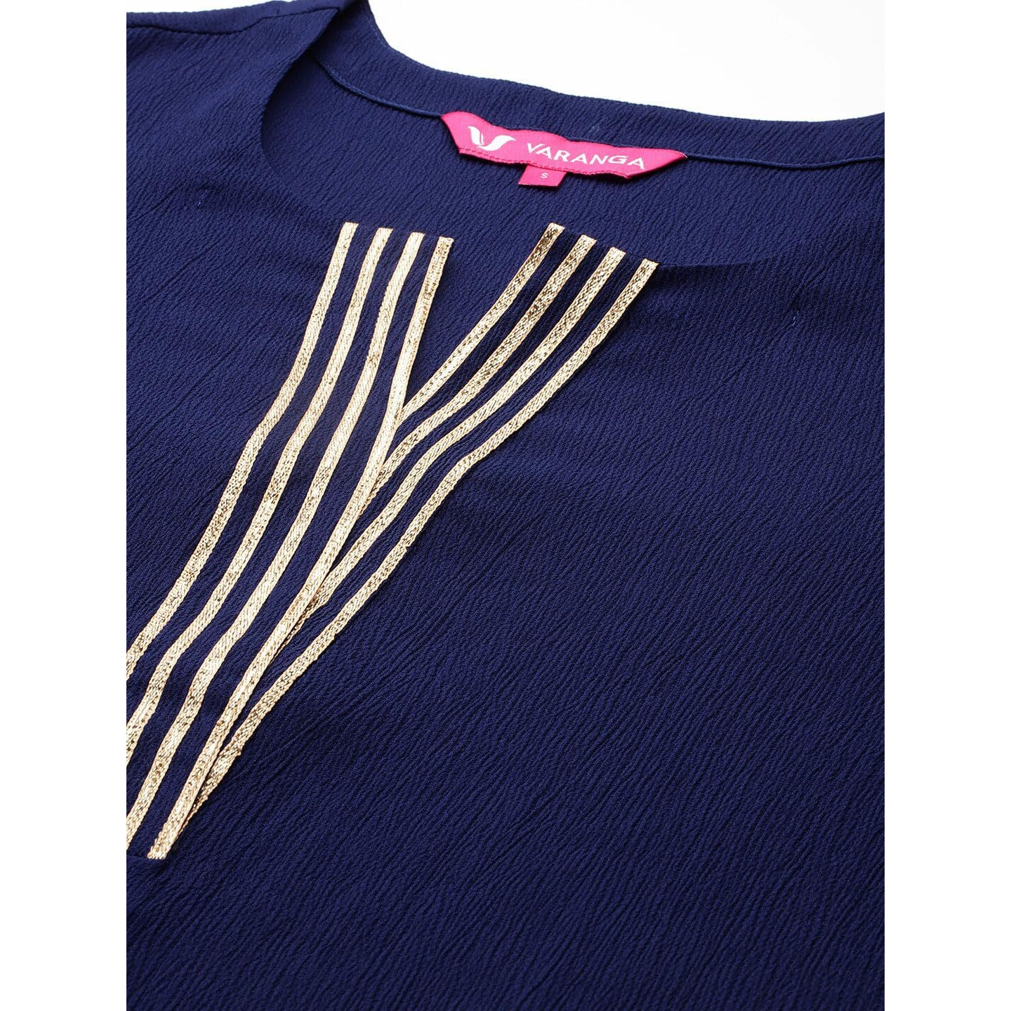 Varanga Women's Navy Blue Round Neck Gotta Embellished Straight Kurta Paired With Printed Dupatta And Tonal Bottom