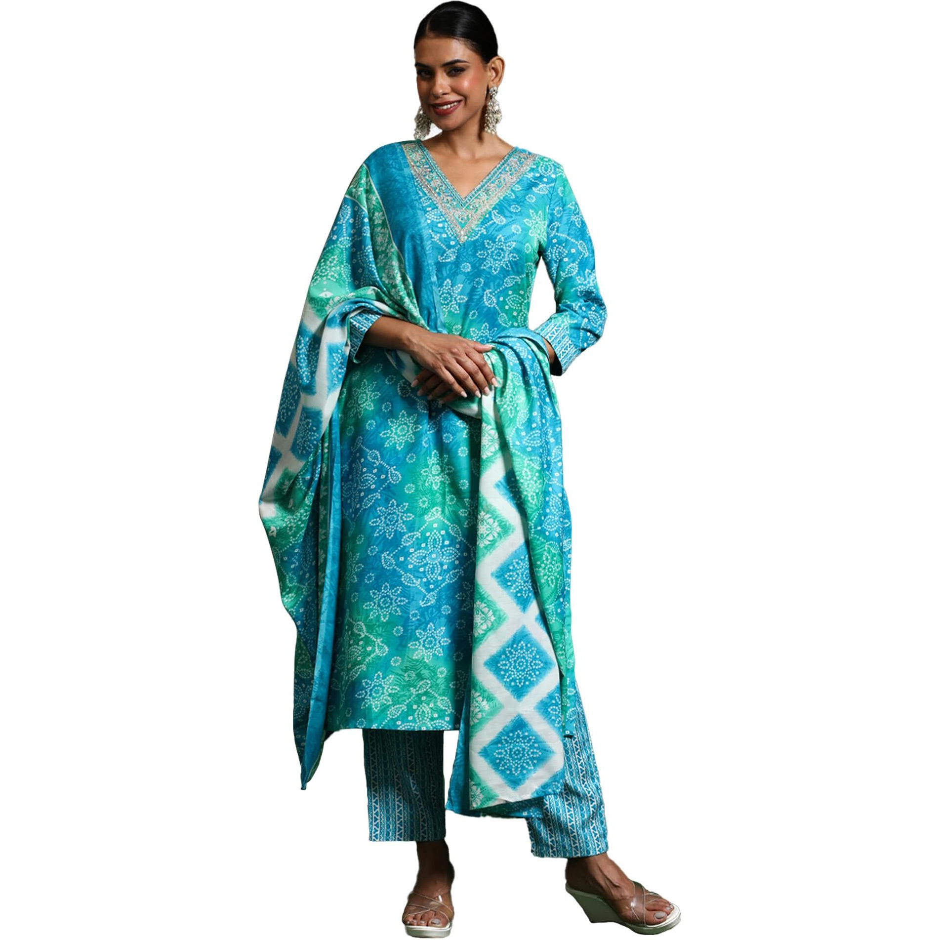 Varanga Women Floral Printed V Neck Kurta With Trouser & Dupatta Blue