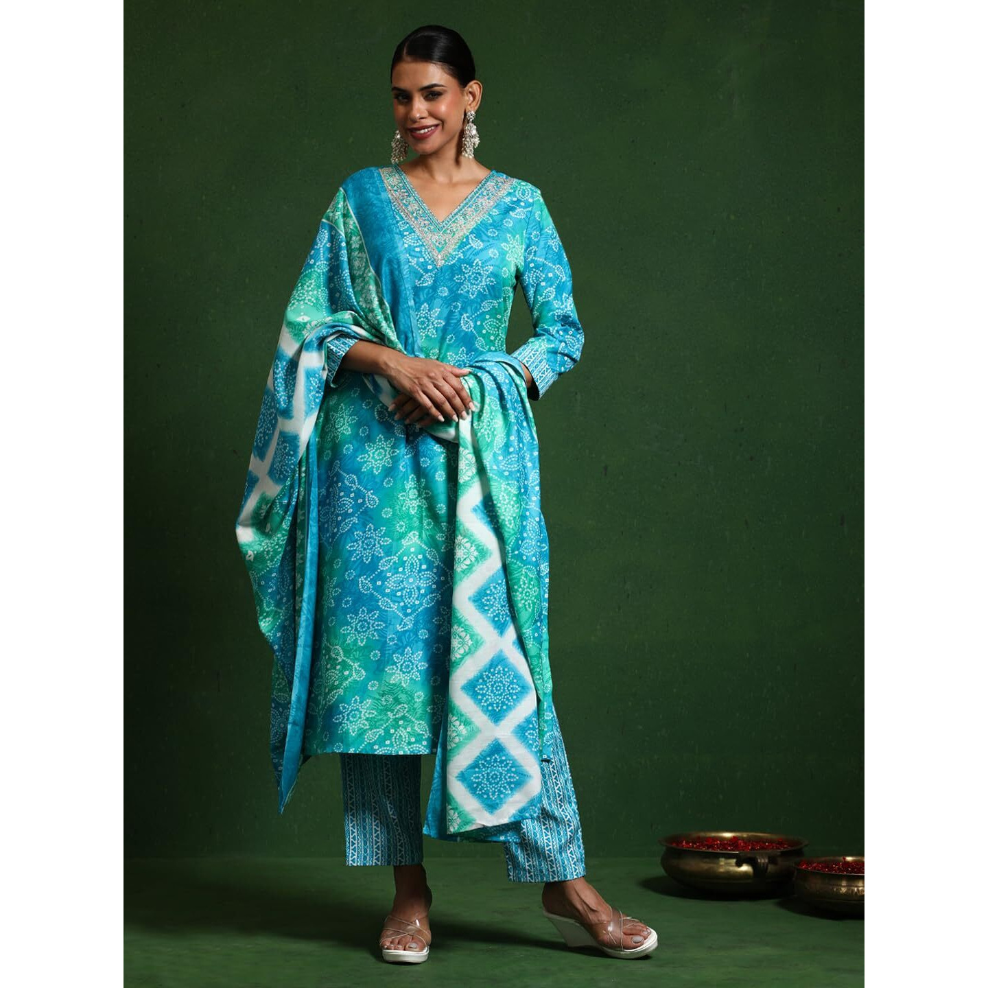 Varanga Women Floral Printed V Neck Kurta With Trouser & Dupatta Blue