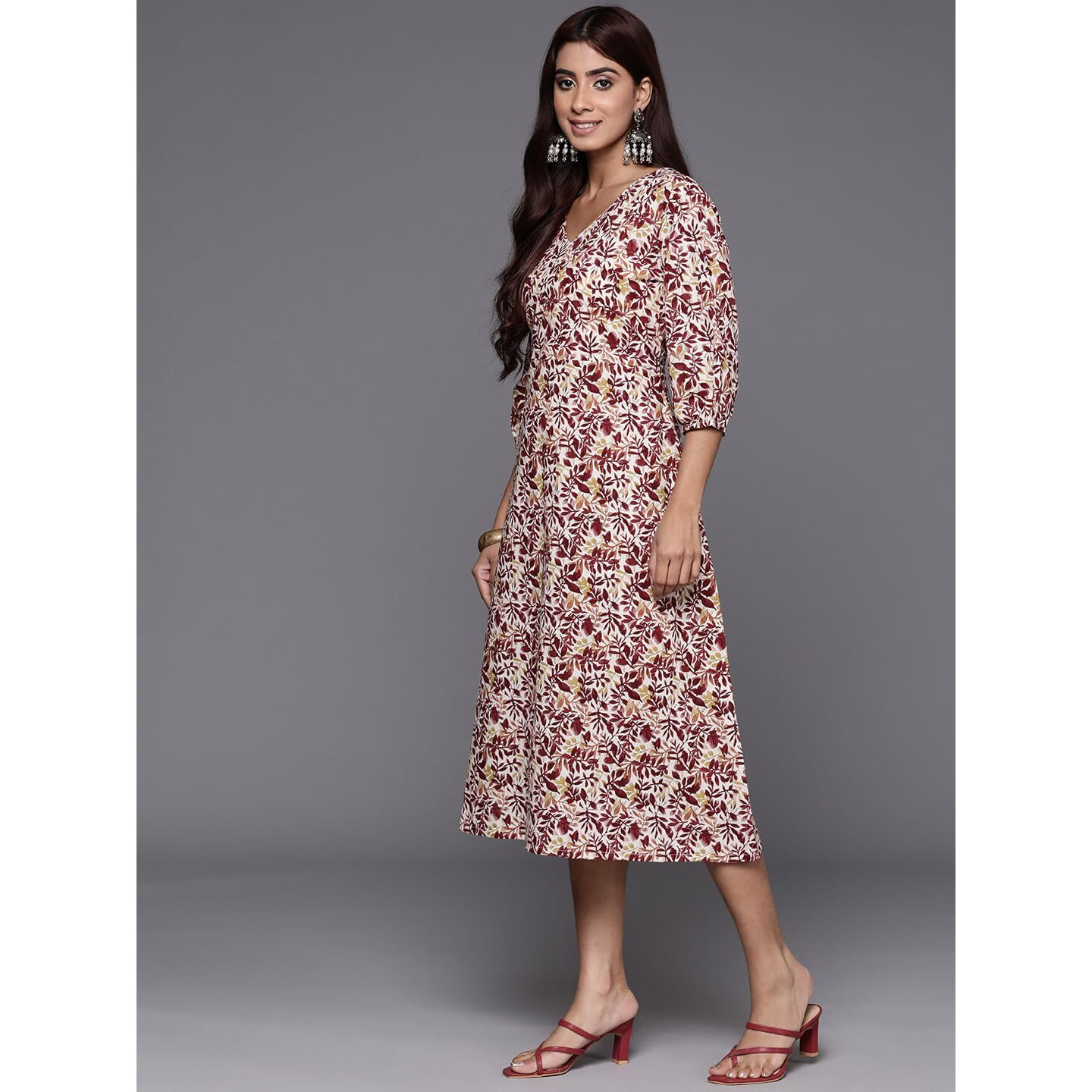 Varanga Women Maroon Floral Printed Midi Dress