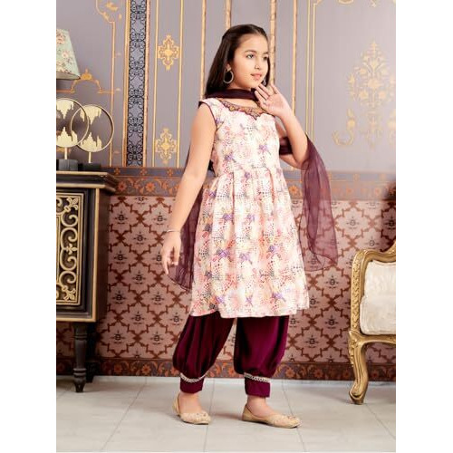 Aarika Girls Ethnic Wear Purple-White Colour Beads Hand Embroidery Cotton Blend Kurti Patiala Set With Dupatta-3-9 Years (Pt-12706)