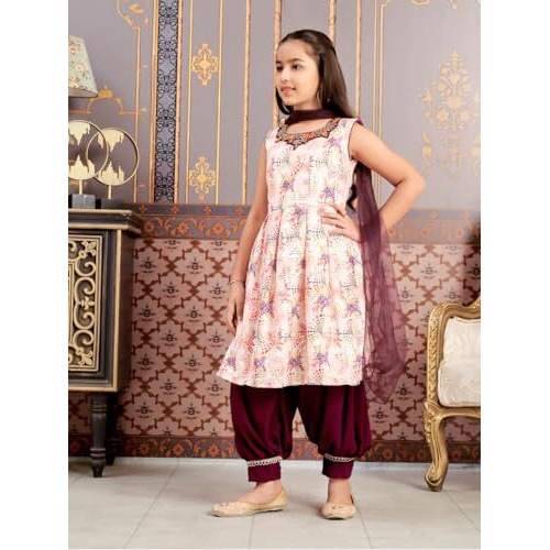 Aarika Girls Ethnic Wear Purple-White Colour Beads Hand Embroidery Cotton Blend Kurti Patiala Set With Dupatta-3-9 Years (Pt-12706)