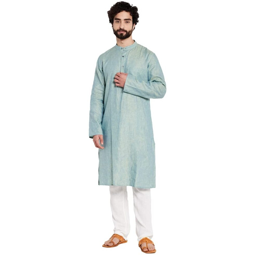 Fabindia Men's Linen Solids Slim Kurta (100740902_Blue