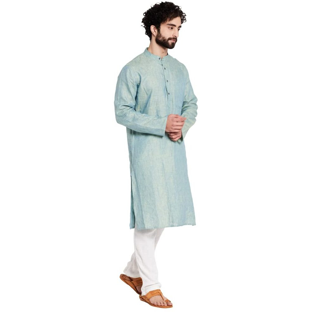 Fabindia Men's Linen Solids Slim Kurta (100740902_Blue