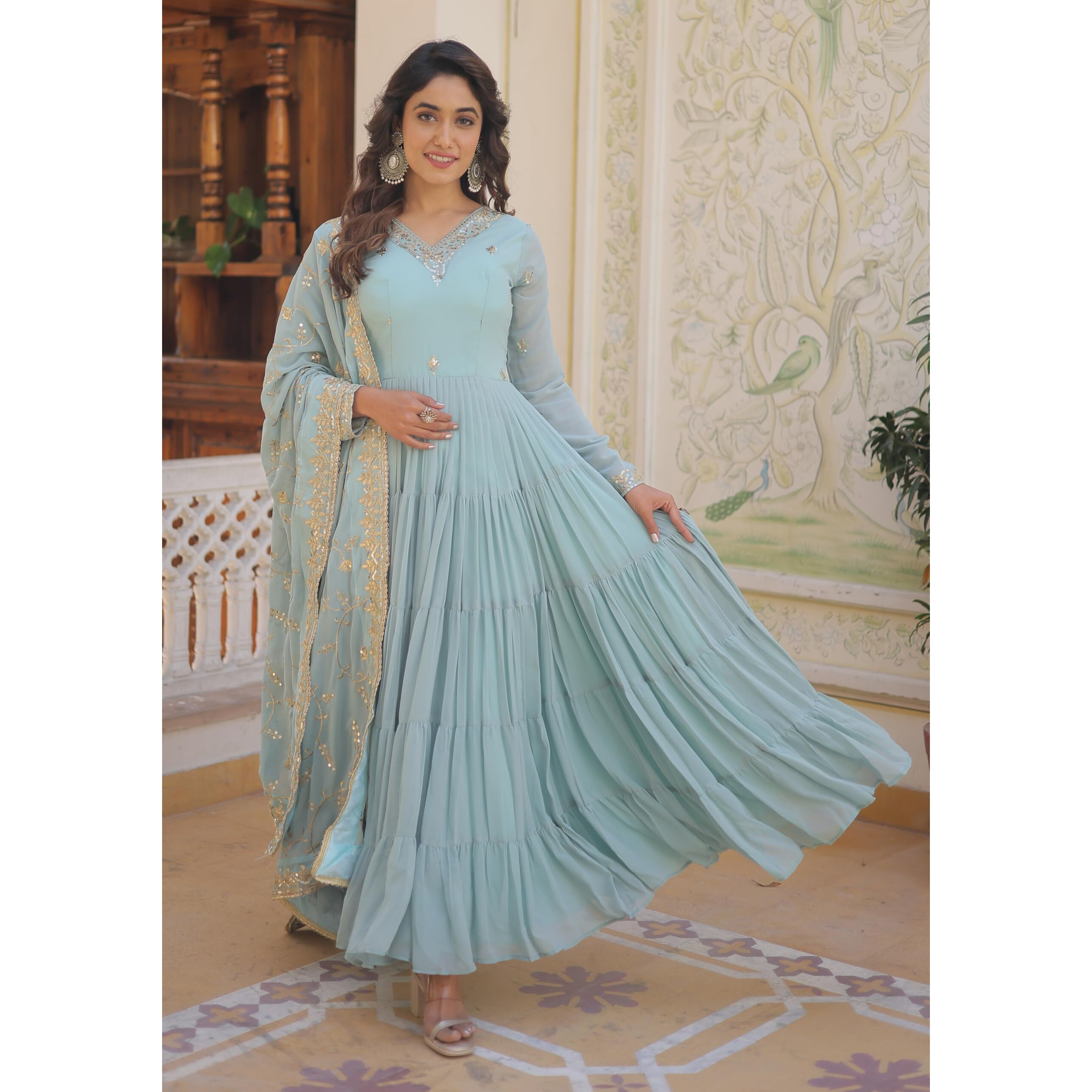 Fashion Basket Women's Georgette Anarkali Kurta Set & Duptta For Women (Sky Blue, S)