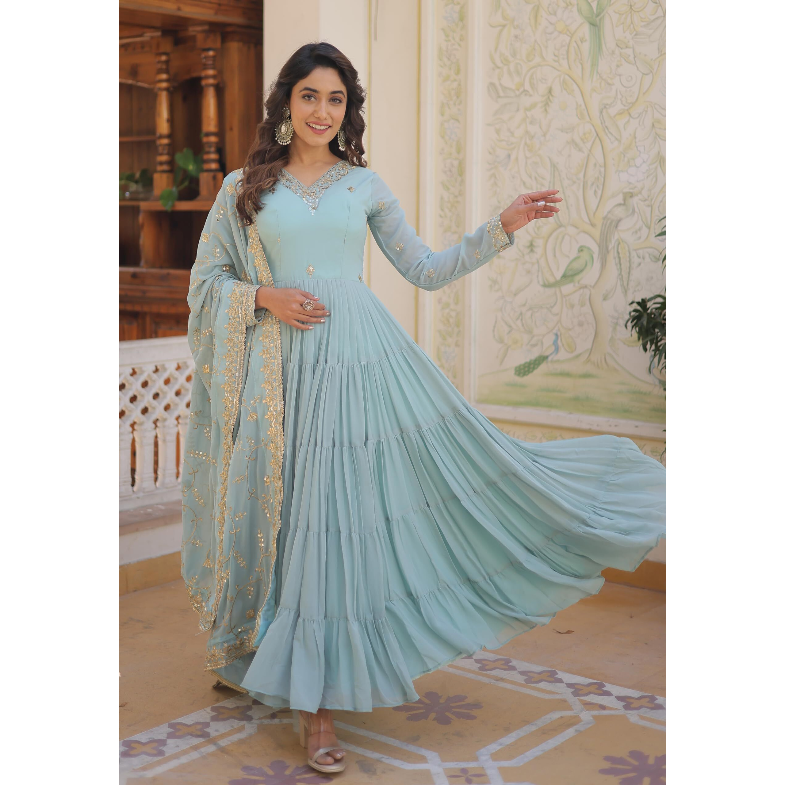 Fashion Basket Women's Georgette Anarkali Kurta Set & Duptta For Women (Sky Blue, S)