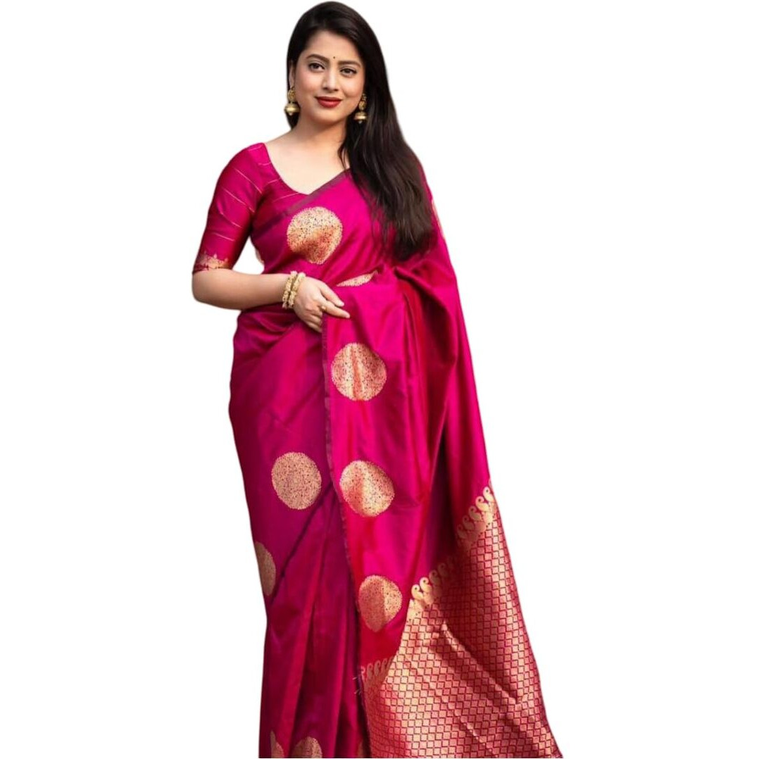 Flosive Women's Kanjivaram Pure Zari Woven Soft Silk Saree With Blouse Piece And Gold Zari Boder (Rani Pink)