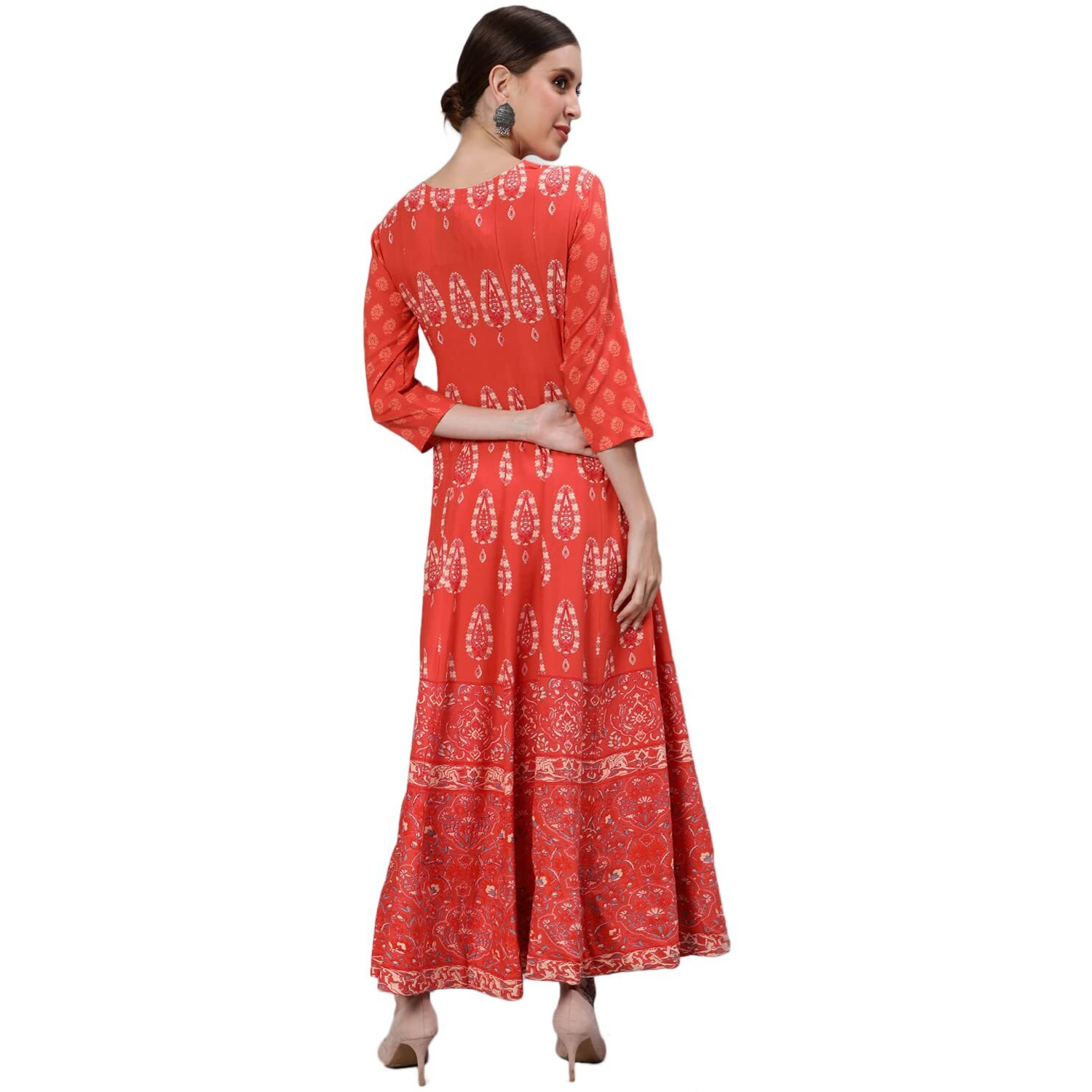 Ishin Women's Cotton Anarkali Printed Ethnic Motifs Print Peach Kurti Ksgl-9062_Xxl_Peach