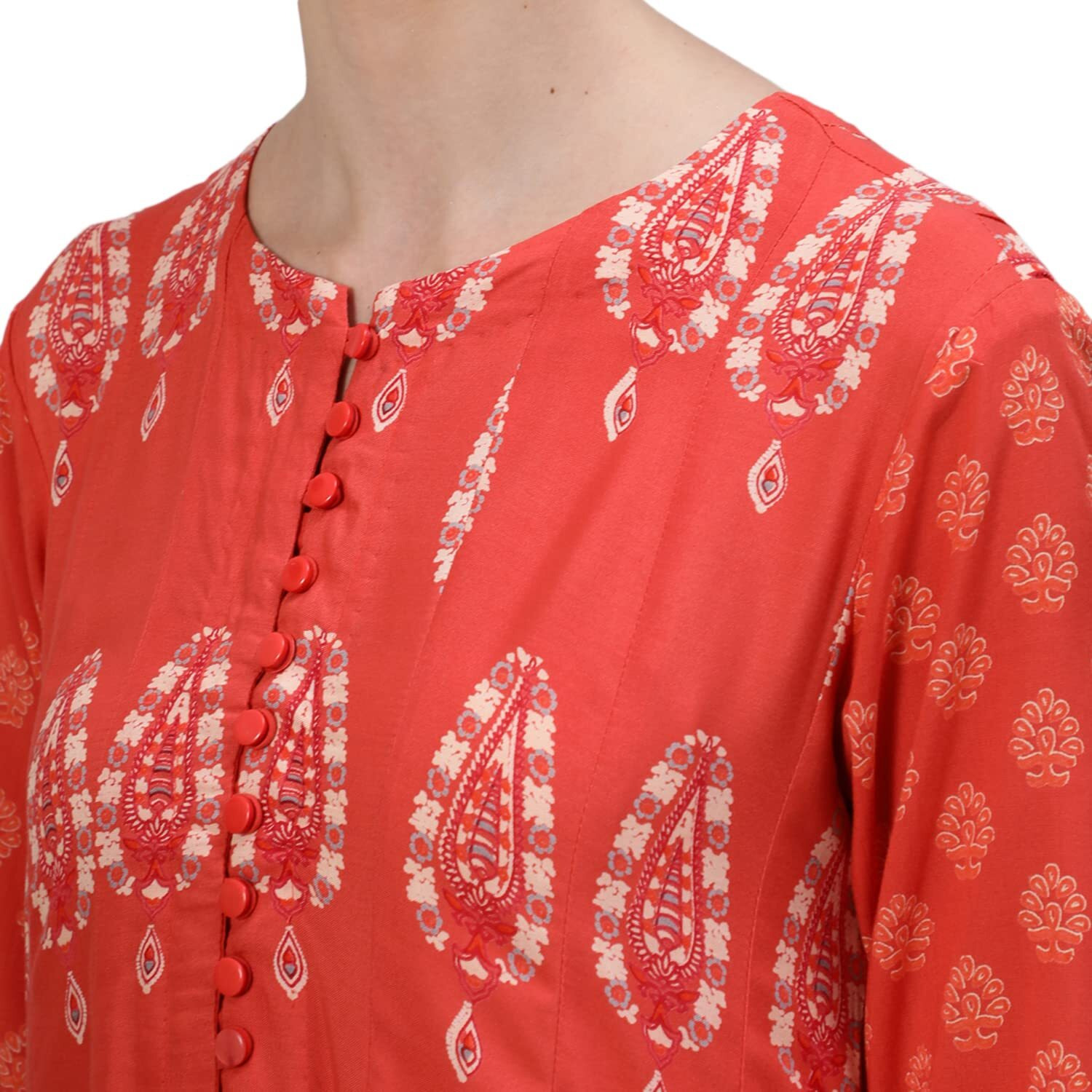 Ishin Women's Cotton Anarkali Printed Ethnic Motifs Print Peach Kurti Ksgl-9062_Xxl_Peach