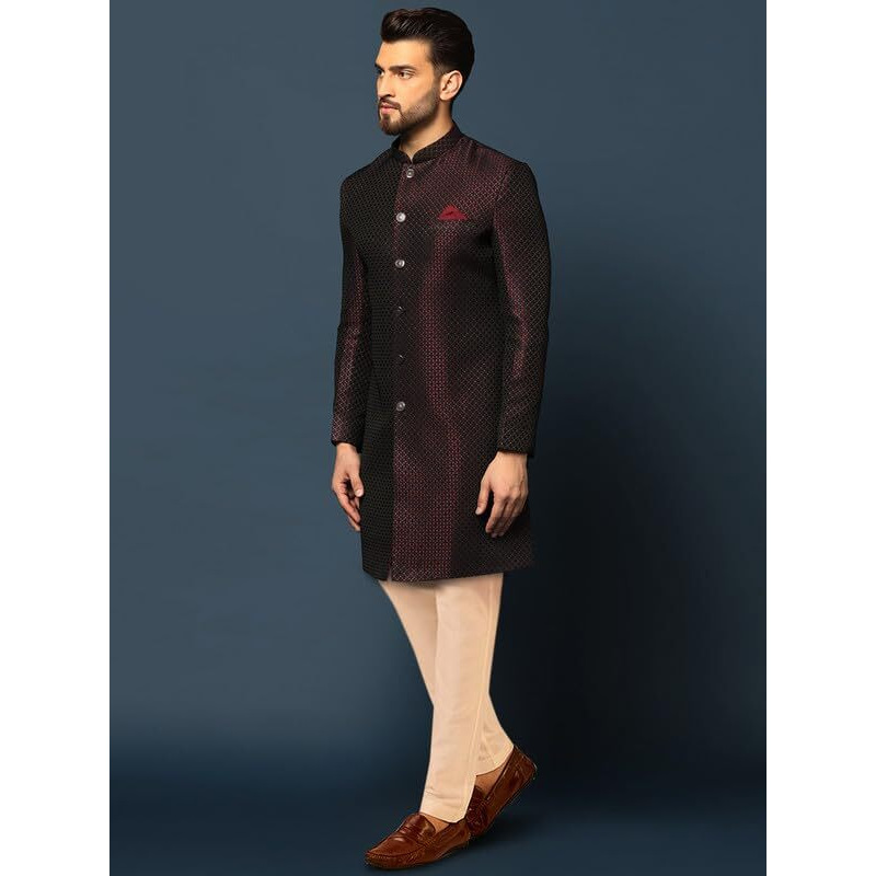Kisah Men's Indo-Western Sherwani Trouser Set, Purple Cotton, Jacquard Regular Fit Mandarin Collar Long Sleeves (36)