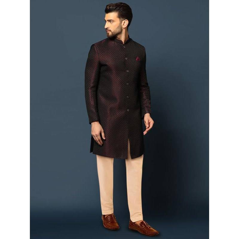 Kisah Men's Indo-Western Sherwani Trouser Set, Purple Cotton, Jacquard Regular Fit Mandarin Collar Long Sleeves (36)