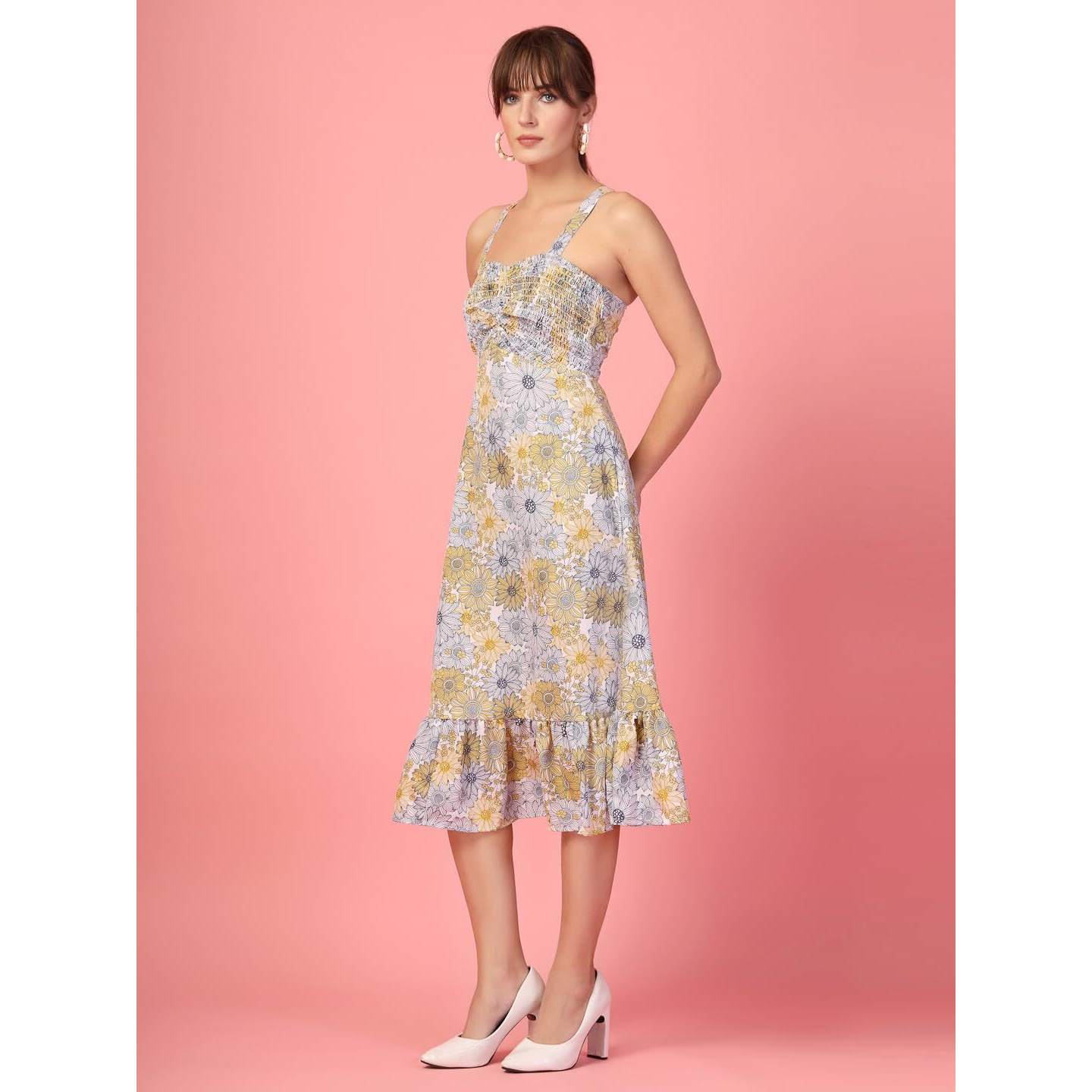 Oomph Women's Western & Fusion Wear Printed Crepe Dress For Women, Smocked Bodice, Yellow - Md1060