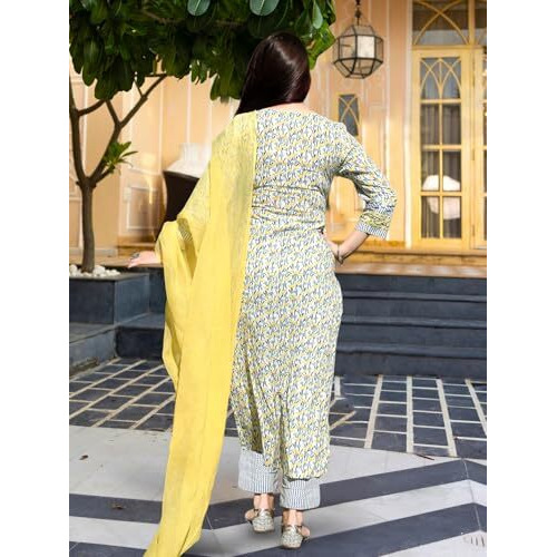 Pinkmint Women's Hevy Cotton Blend Yellow Kurta Set L Stitched Printed Dupatta Set L Stylish Women Festival Dress (Pack Of 1)
