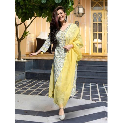 Pinkmint Women's Hevy Cotton Blend Yellow Kurta Set L Stitched Printed Dupatta Set L Stylish Women Festival Dress (Pack Of 1)