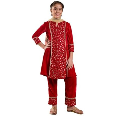 Pspeaches Girl's Silk Kurta Set (Ks-Redseqvelvet-10-12Y_Red