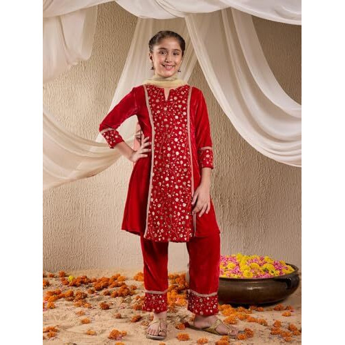 Pspeaches Girl's Silk Kurta Set (Ks-Redseqvelvet-10-12Y_Red