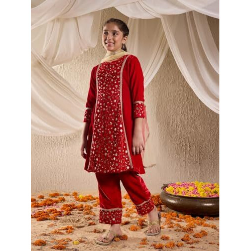 Pspeaches Girl's Silk Kurta Set (Ks-Redseqvelvet-10-12Y_Red