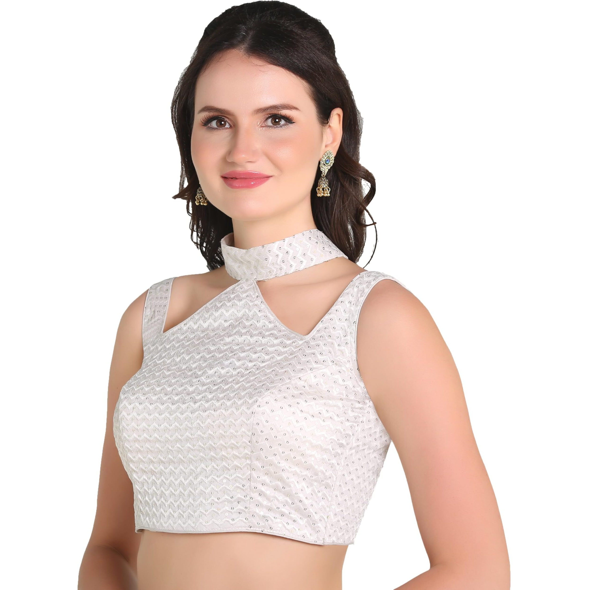 Pujia Mills Woman's Readymade Sleeveless White Blouse Halter Neck With String Pattern Backless Ethnic Wear Pattern Choli Blouse