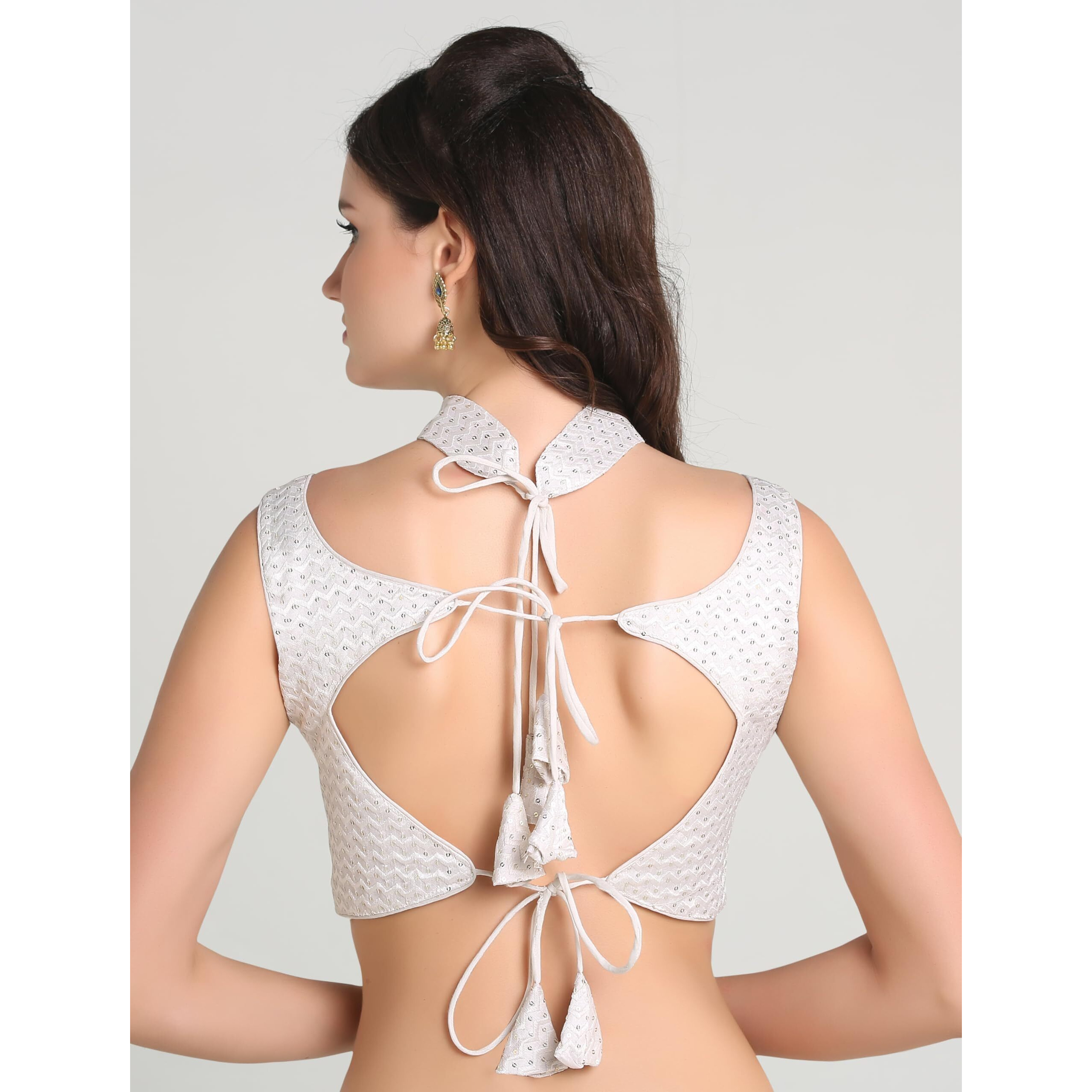 Pujia Mills Woman's Readymade Sleeveless White Blouse Halter Neck With String Pattern Backless Ethnic Wear Pattern Choli Blouse