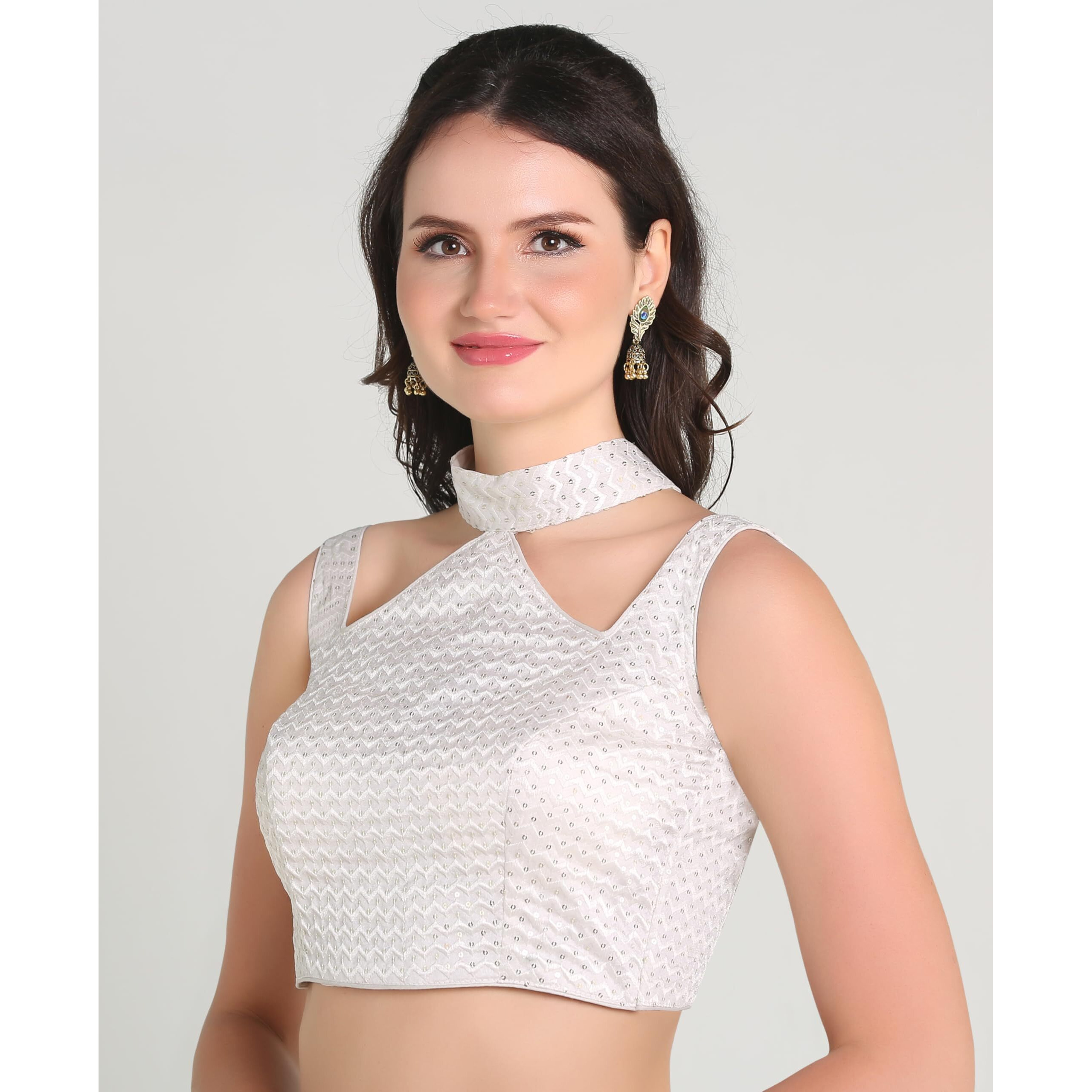 Pujia Mills Woman's Readymade Sleeveless White Blouse Halter Neck With String Pattern Backless Ethnic Wear Pattern Choli Blouse