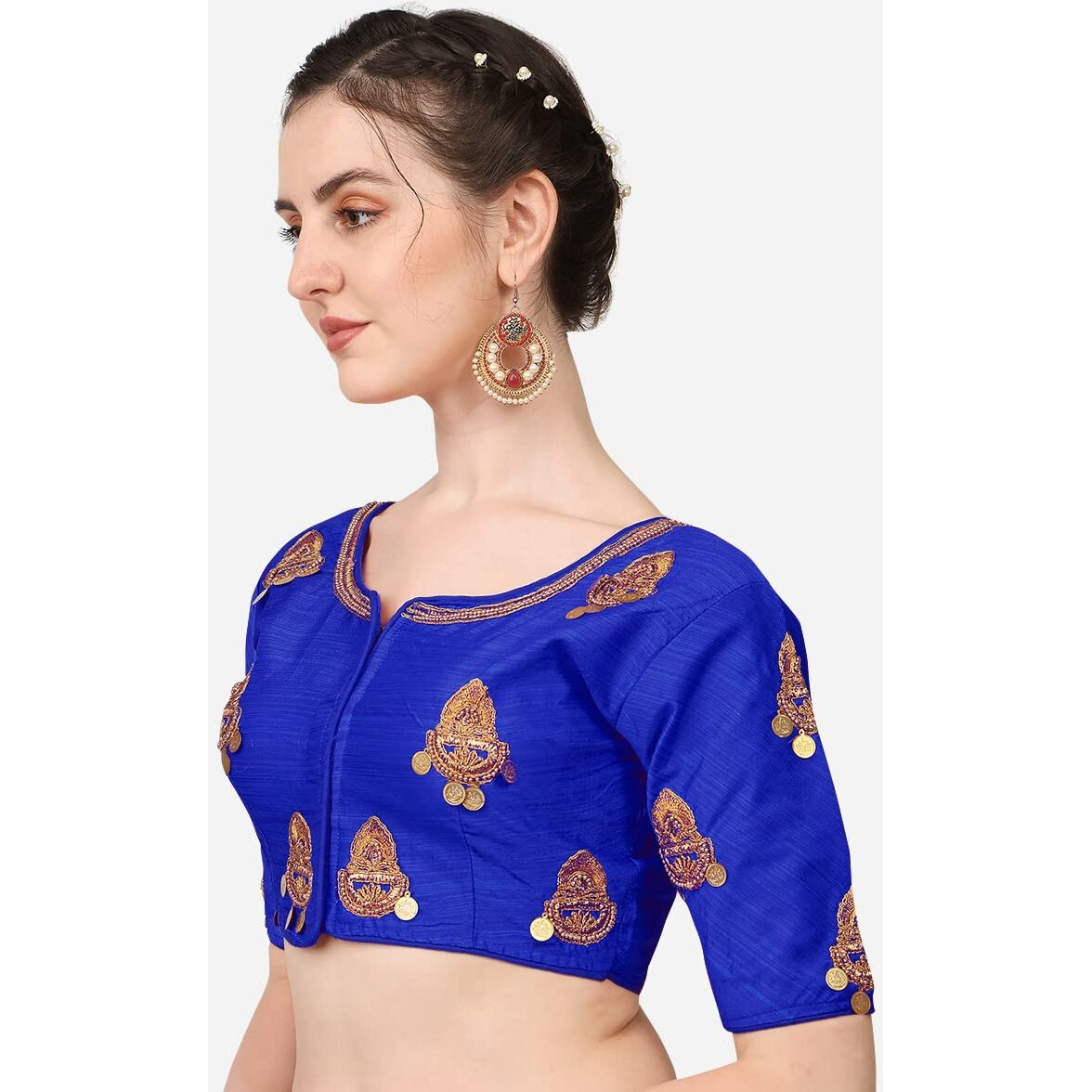 Pujia Mills Women's Silk Solid Half Sleeve Saree Blouse (Kalash Royal Blue_Royal Blue_38)