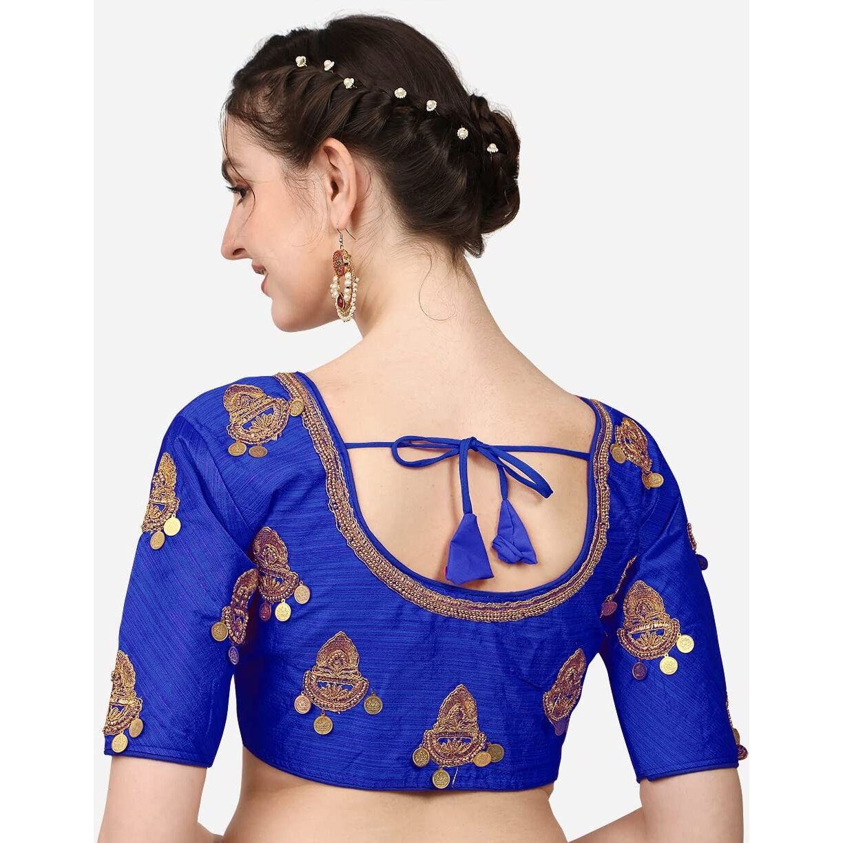 Pujia Mills Women's Silk Solid Half Sleeve Saree Blouse (Kalash Royal Blue_Royal Blue_38)