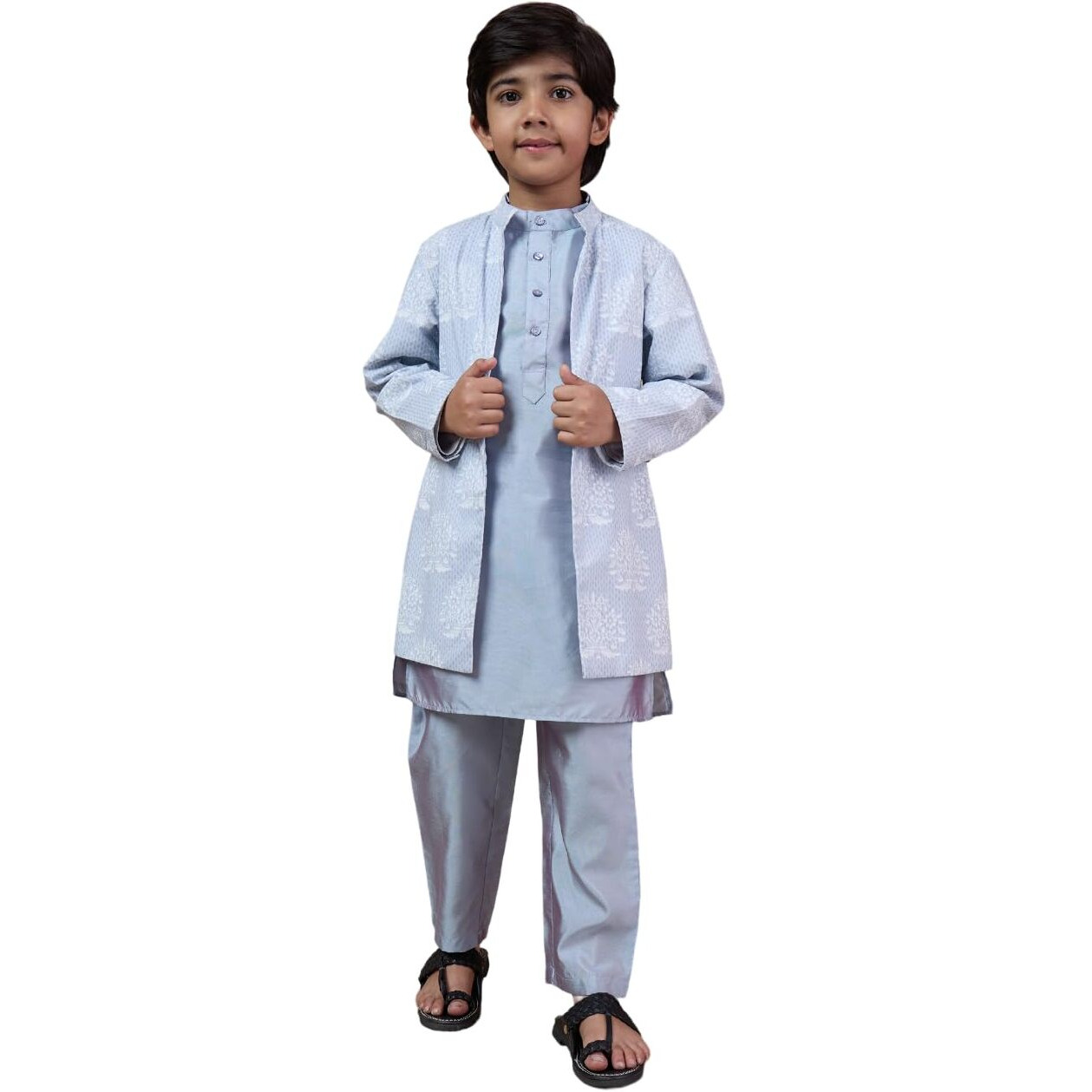 Pspeaches Boys Mandarin Collar Long Sleeves Straight Kurta With Pyjamas Jacket (12-14Years)