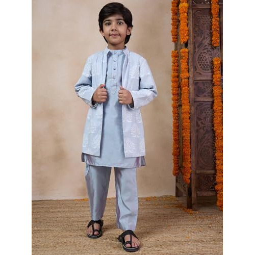 Pspeaches Boys Mandarin Collar Long Sleeves Straight Kurta With Pyjamas Jacket (12-14Years)