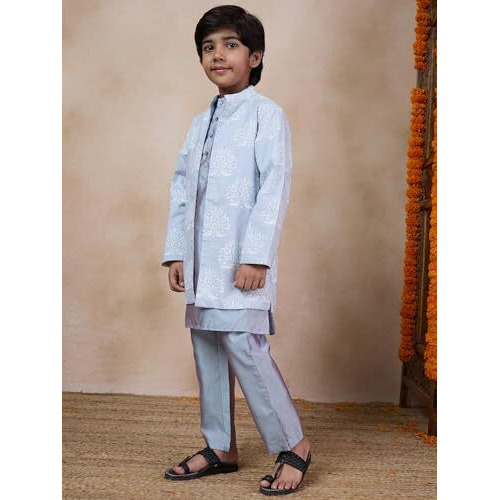 Pspeaches Boys Mandarin Collar Long Sleeves Straight Kurta With Pyjamas Jacket (12-14Years)