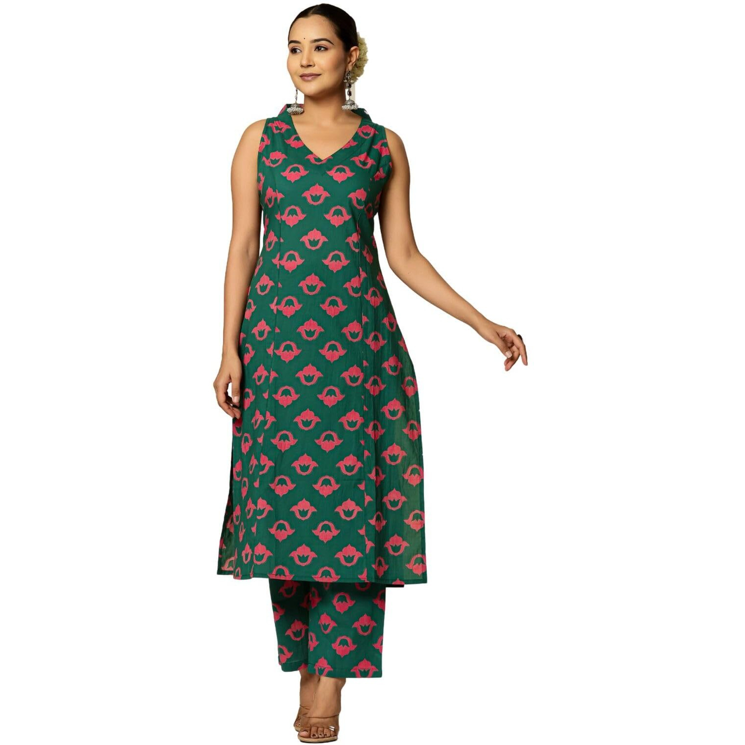 Rytras Women's Pure Cotton Printed Ethnic Wear Straight Kurta Set With Palazzo Pants(Ryt632,Green,3Xl)