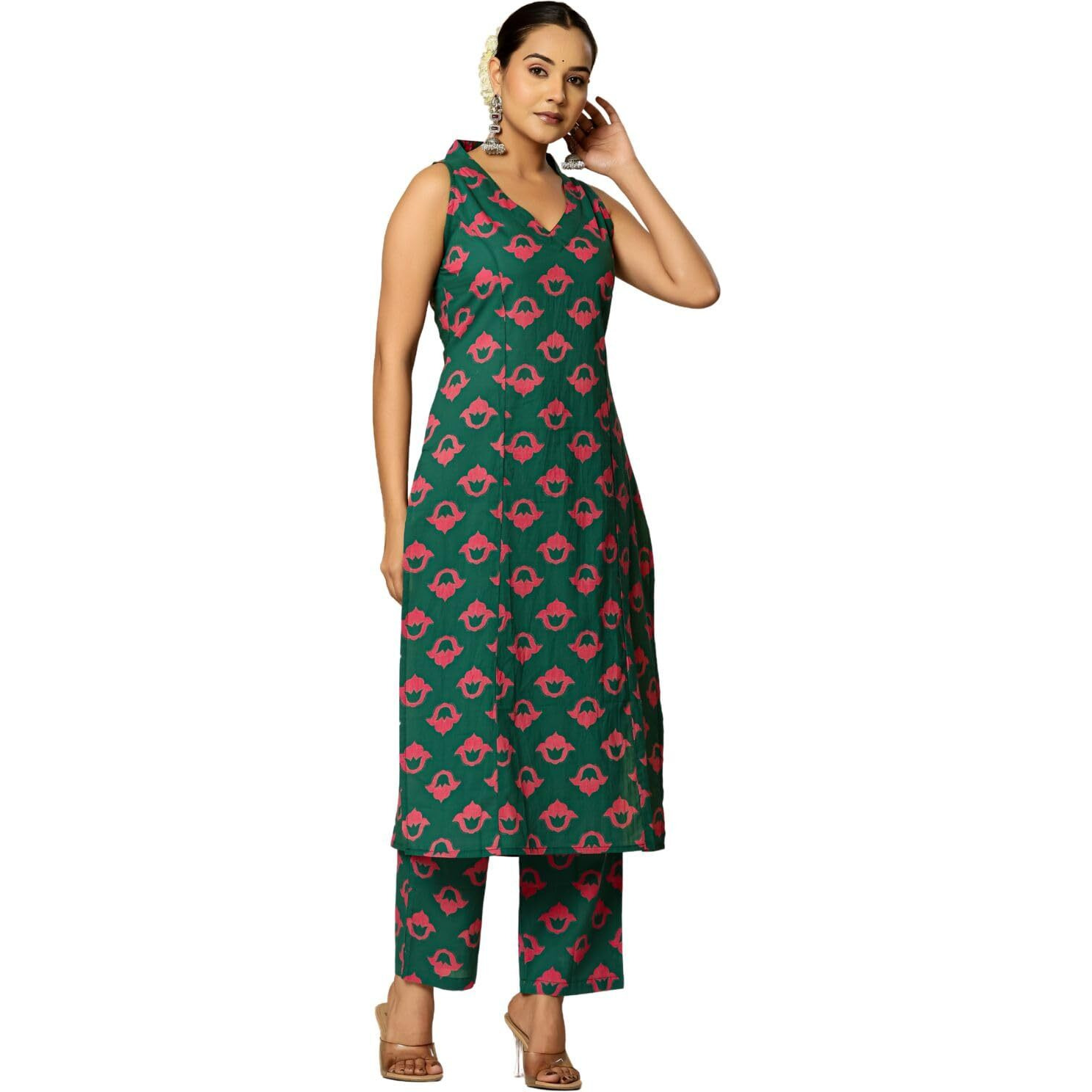 Rytras Women's Pure Cotton Printed Ethnic Wear Straight Kurta Set With Palazzo Pants(Ryt632,Green,3Xl)