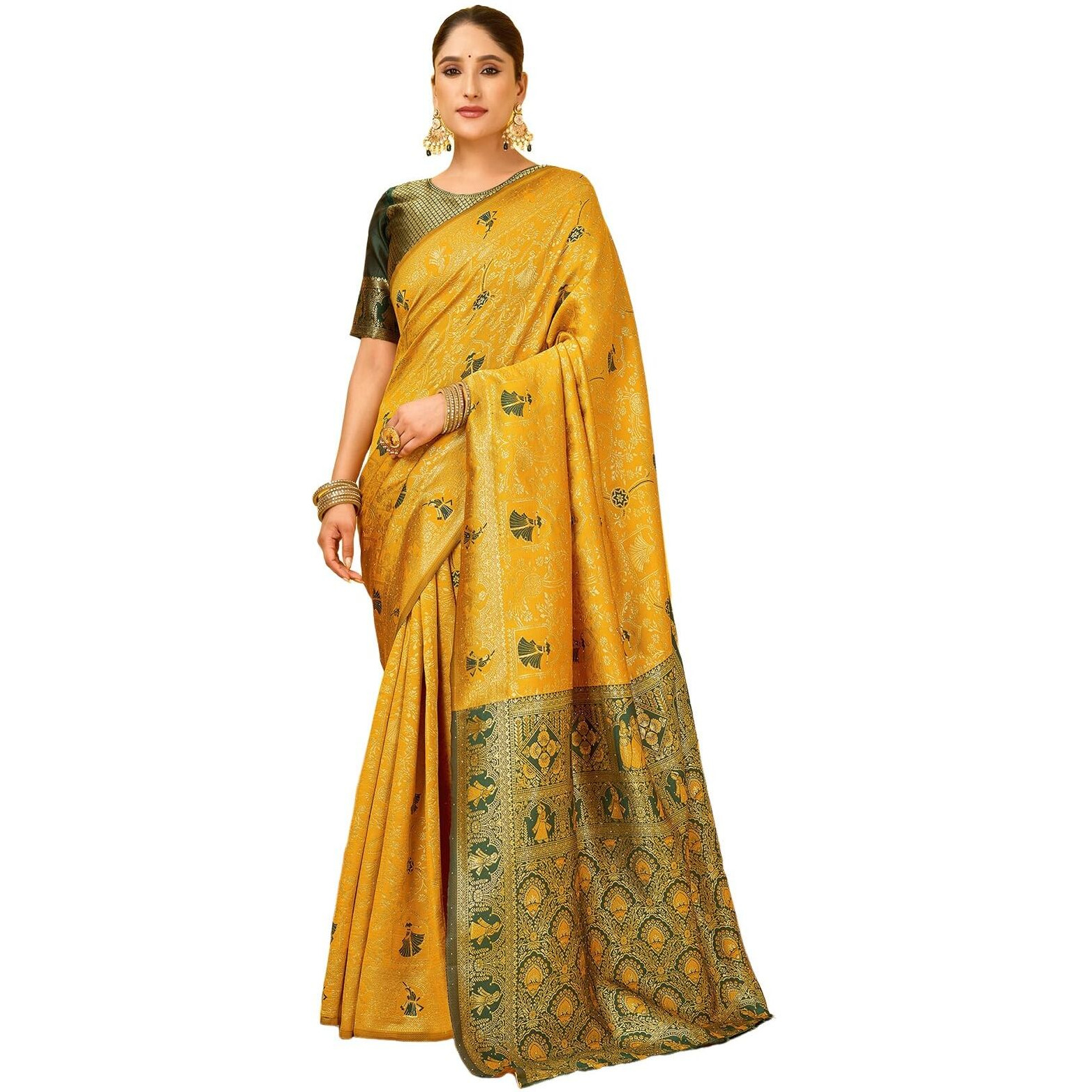 Satrani Women's Banarasi Silk Weaving Stone Work Saree With Unstitched Blouse Piece (4246S6713N_Yellow)