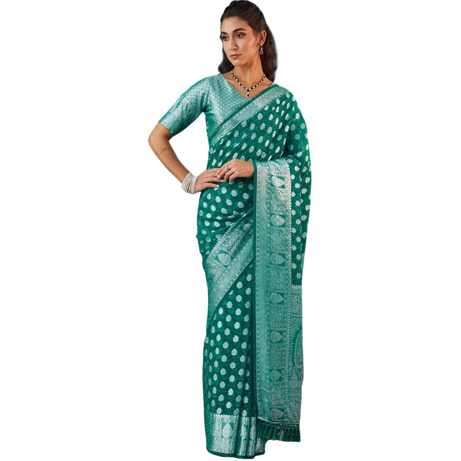 Satrani Women's Georgette Weaving Banarasi & Stone Work Saree With Unstitched Blouse Piece (4117S6555N_Green)