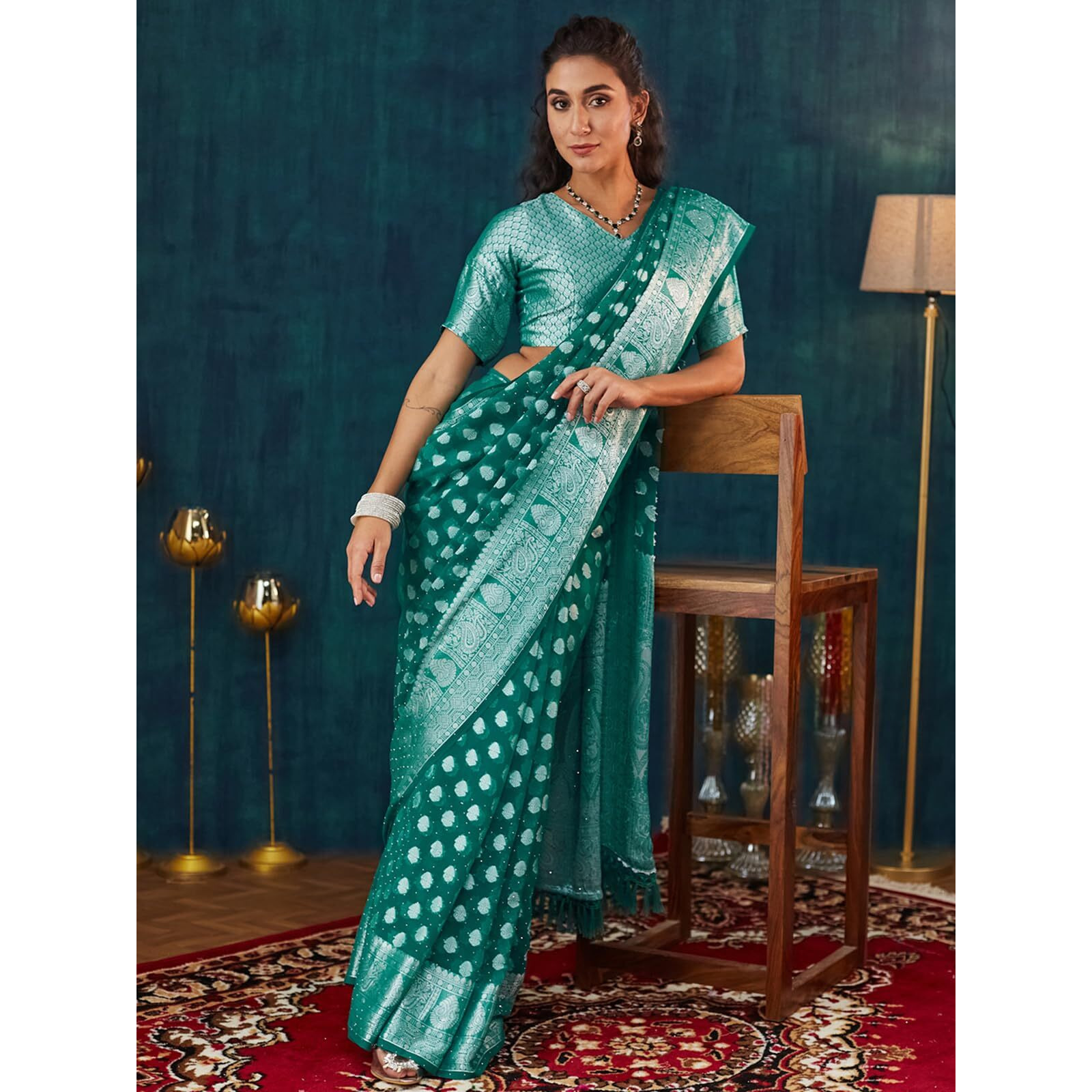 Satrani Women's Georgette Weaving Banarasi & Stone Work Saree With Unstitched Blouse Piece (4117S6555N_Green)
