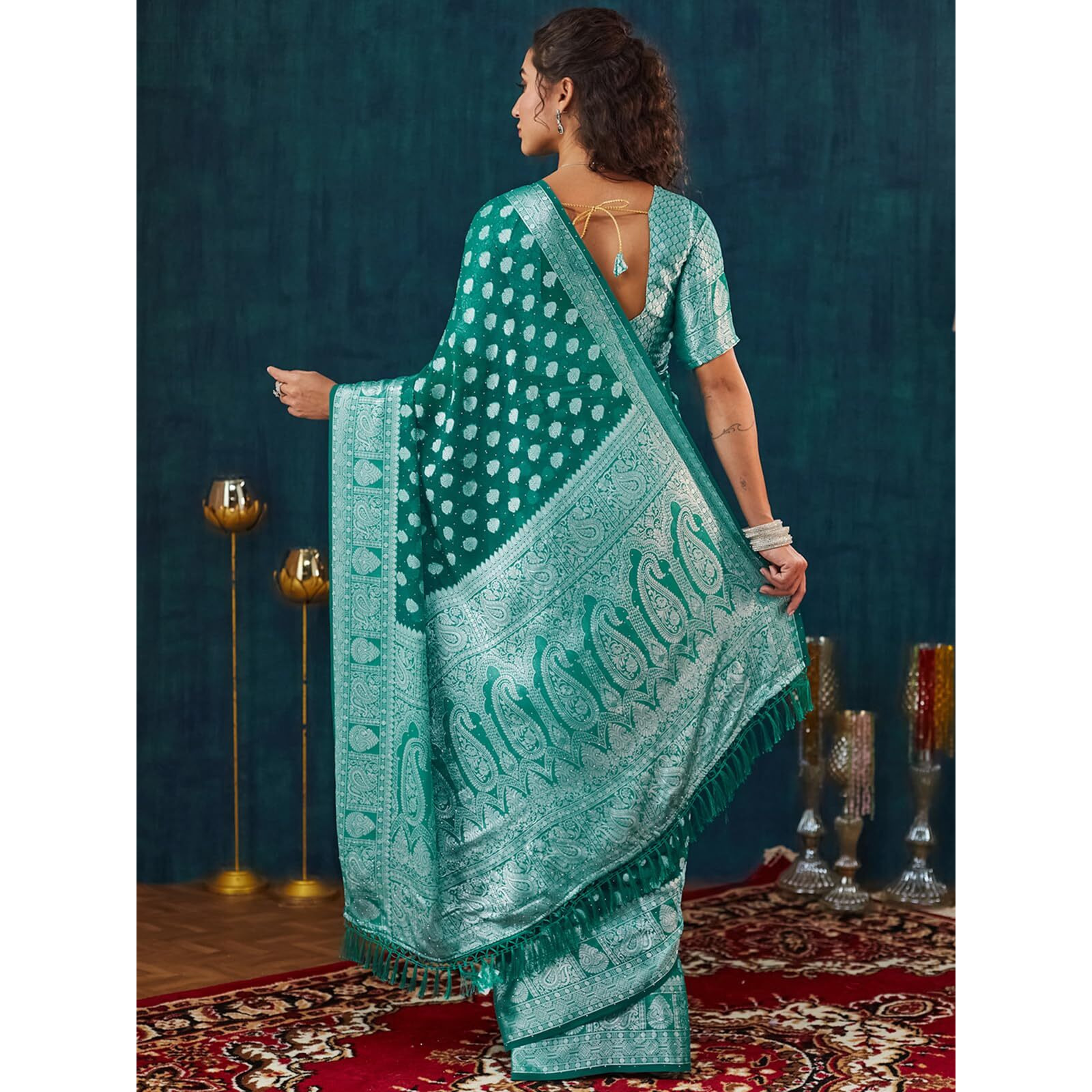 Satrani Women's Georgette Weaving Banarasi & Stone Work Saree With Unstitched Blouse Piece (4117S6555N_Green)