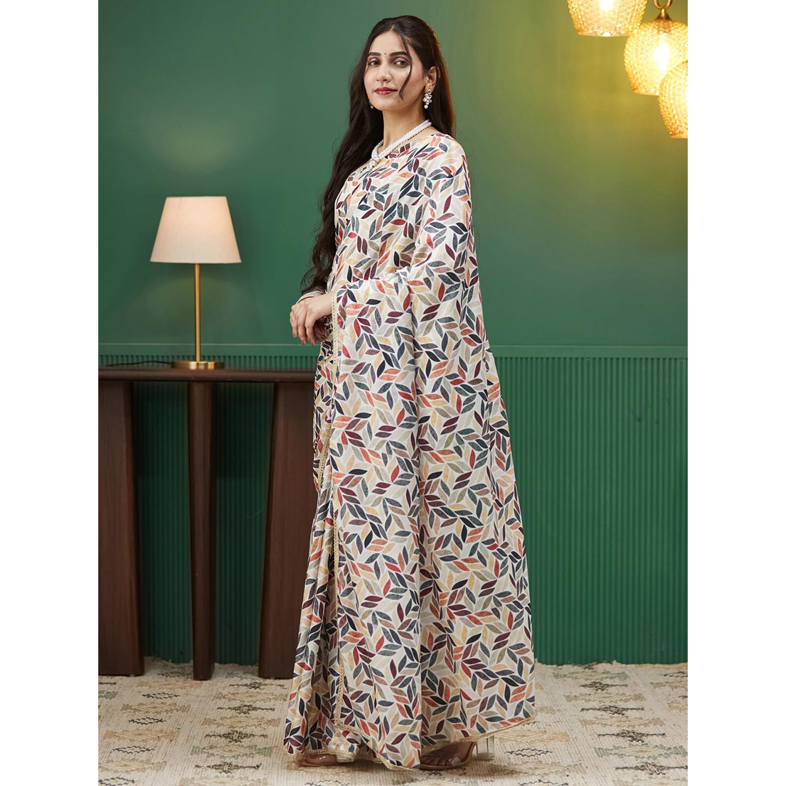 Satrani Women's Satin Crepe Printed Saree With Unstitched Blouse Piece (4232S335N_Off White & Multi)