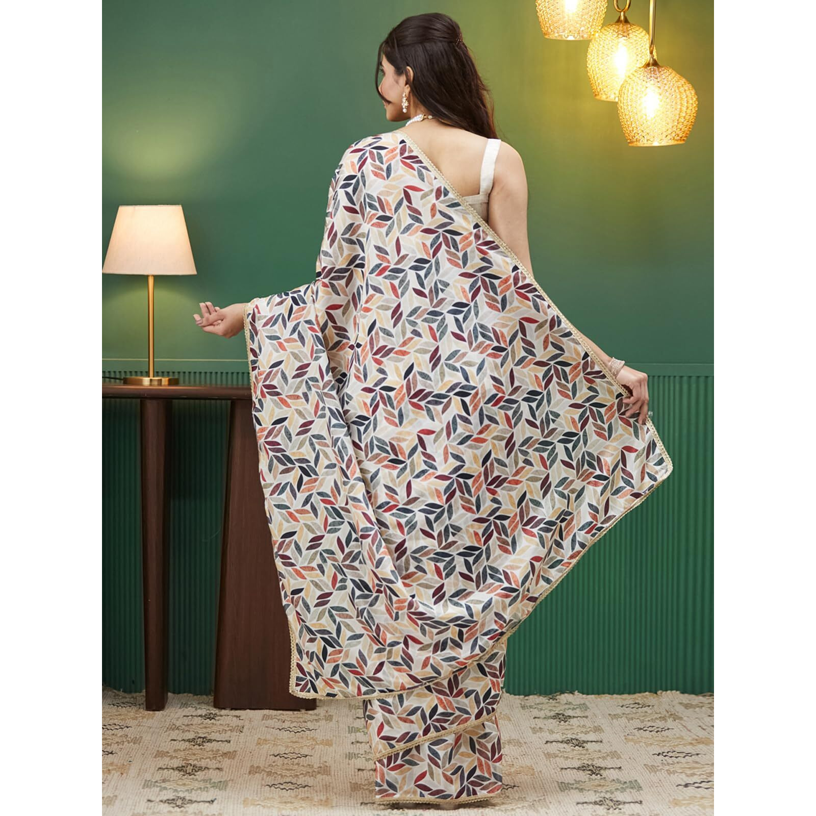 Satrani Women's Satin Crepe Printed Saree With Unstitched Blouse Piece (4232S335N_Off White & Multi)