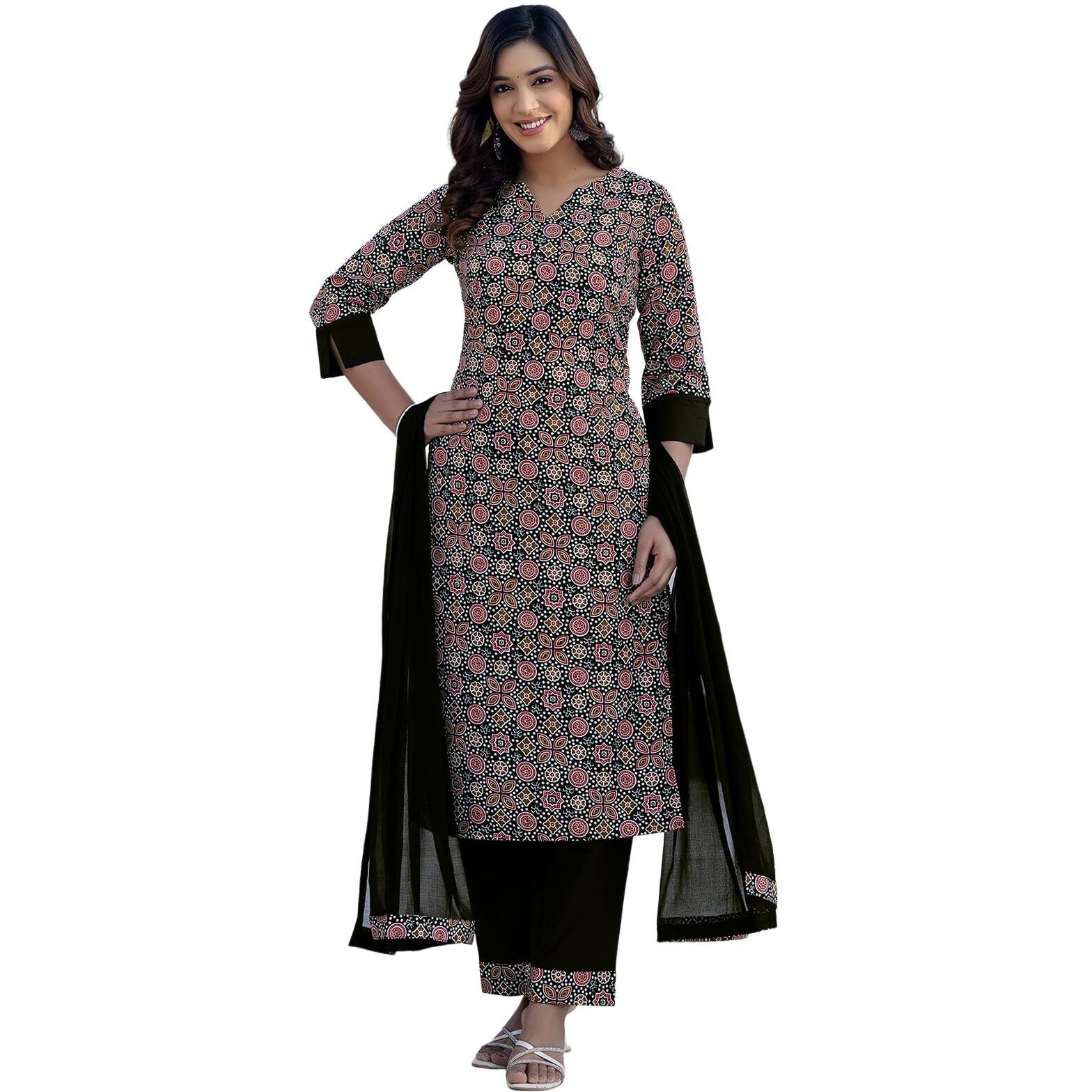 Sanisa Women's Crepe Printed Straight Kurta With Pant And Dupatta Set (230Kbd2433N-Xxl_Black & Multi1)