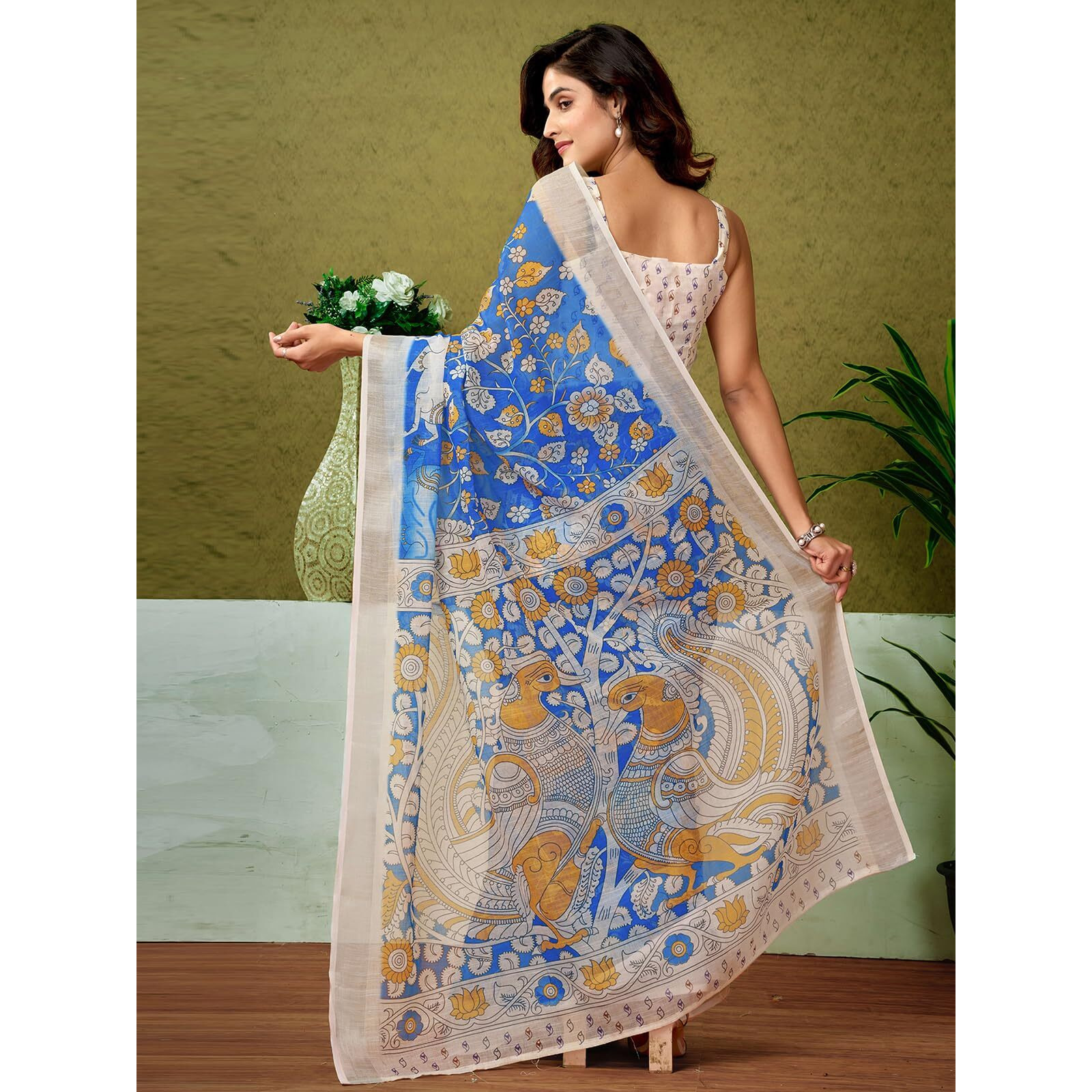 Satrani Women's Linen Zari Border Printed Ready To Wear One Minute Pre Pleated Readymade Saree With Unstitched Blouse Piece (33Rs319N_Dark Blue)