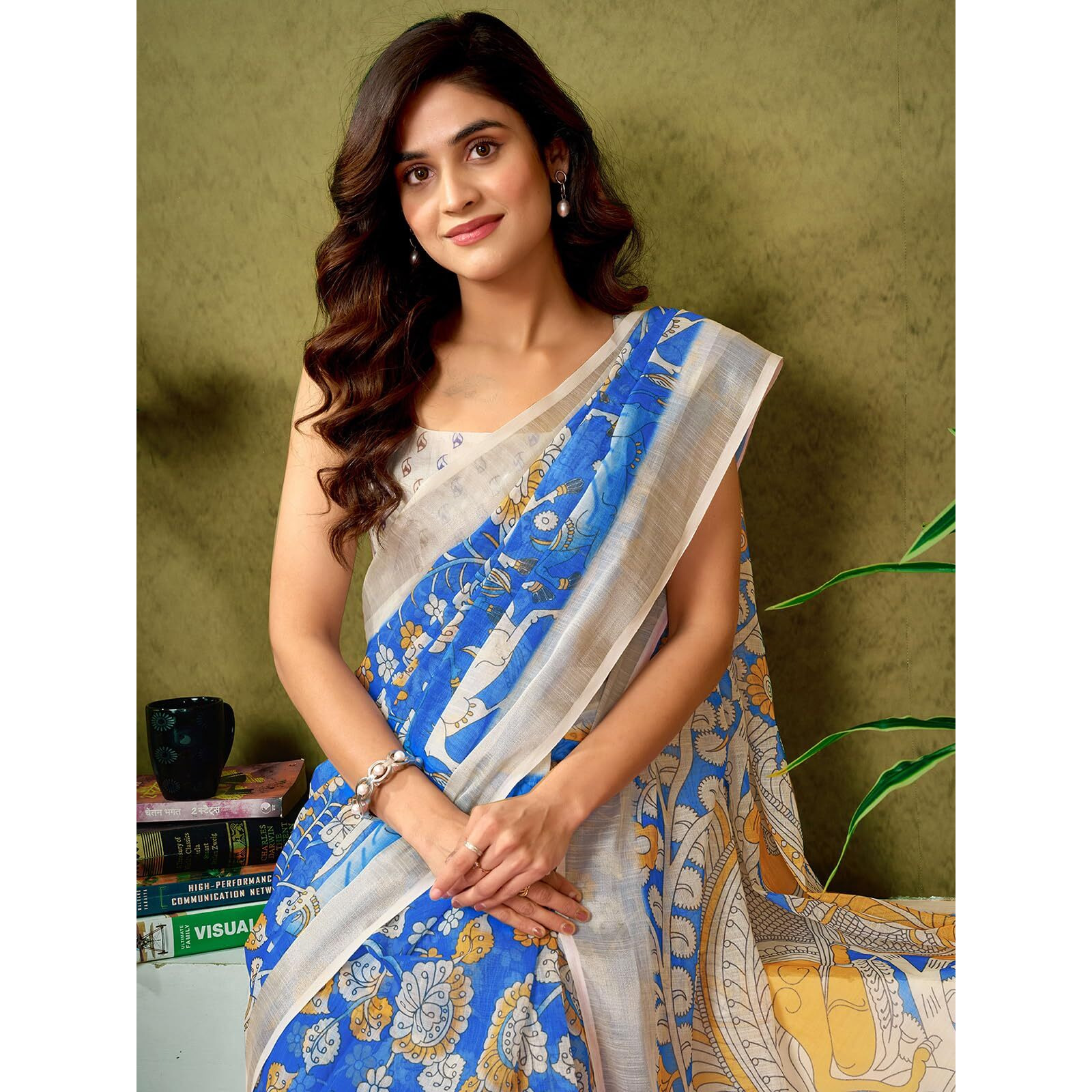 Satrani Women's Linen Zari Border Printed Ready To Wear One Minute Pre Pleated Readymade Saree With Unstitched Blouse Piece (33Rs319N_Dark Blue)