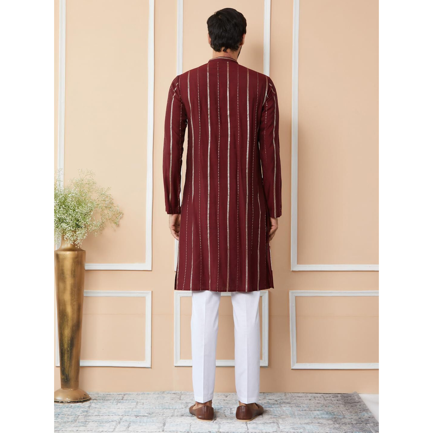 See Designs Men's Long Sleeve Mandarin Collar Side Slit Maroon Sequins Embroidered Pure Chanderi Silk Straight Kurta - Sdkt2538L
