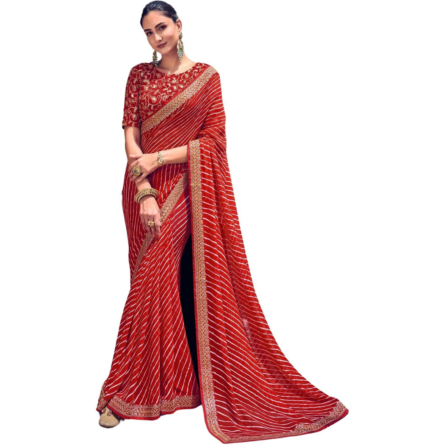 Shiv Textiles Women's Georgette Leheriya & Lace Border Saree(Sat-532S-Red)