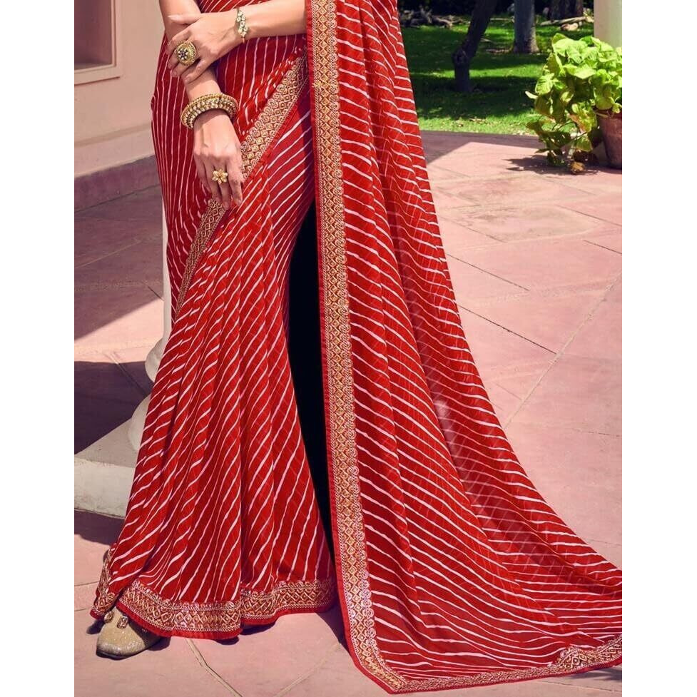 Shiv Textiles Women's Georgette Leheriya & Lace Border Saree(Sat-532S-Red)